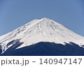 青空の下でベッタリ冠雪して白く化粧した富士山頂と森林限界以下の木々に着雪して鼠色になった樹林の裾野 140947147