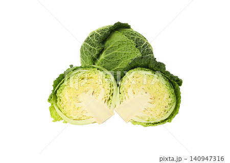 Whole green cabbage above two fresh halves, isolated, PNG Whole green cabbage above two fresh halves, isolated, PNG 140947316
