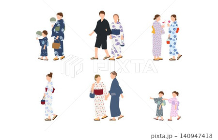 夏祭りや花火大会に行く浴衣姿の人物セット 夏祭りや花火大会に行く浴衣姿の人物セット 140947418