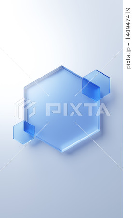 水色背景に複数の青色六角形のガラス。俯瞰。3D(縦長) 水色背景に複数の青色六角形のガラス。俯瞰。3D(縦長) 140947419