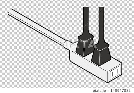 An isometric illustration of a power strip extension cord with two power plugs inserted. An isometric illustration of a power strip extension cord with two power plugs inserted. 140947882