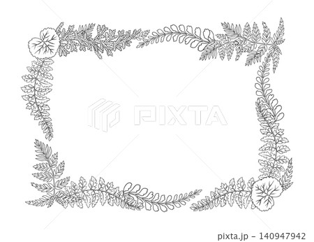 Fern leaf thin line art vector wreath. Hand drawn rectangular botanical frame with black foliage and copy space. Horizontal template for wedding card label. Woodland nature logo for floral decoration. 140947942