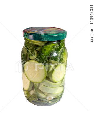 Pickled cucumbers zucchini jar glass brine vinegar fermentation preserved Pickled cucumbers zucchini jar glass brine vinegar fermentation preserved 140948031