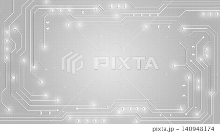 Abstract monochrome light grey cybernetic circuit board pattern featuring glowing white connection nodes and underlying hexagonal matrix distributed along outer peripheral margins defining central Abstract monochrome light grey cybernetic circuit board pattern featuring glowing white connection nodes and underlying hexagonal matrix distributed along outer peripheral margins defining central 140948174