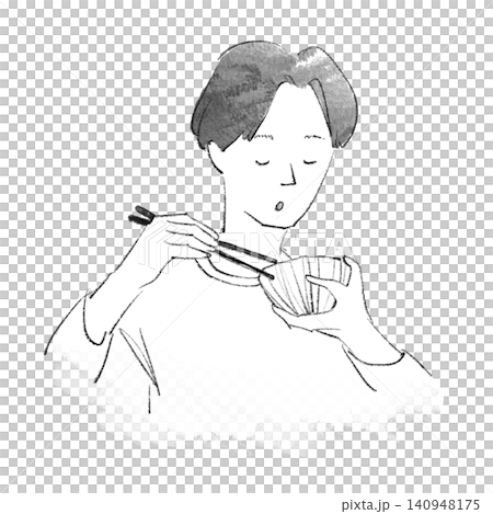 A hand-drawn illustration of a young man eating with a rice bowl and chopsticks. A hand-drawn illustration of a young man eating with a rice bowl and chopsticks. 140948175