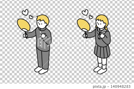 Isometric illustration: Middle school boys and girls (winter clothes) cheering with fans. Isometric illustration: Middle school boys and girls (winter clothes) cheering with fans. 140948283