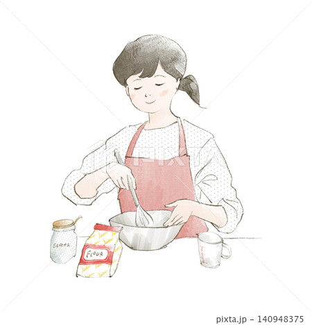 ボウルと泡立て器でお菓子作りをする女性の手描きイラスト ボウルと泡立て器でお菓子作りをする女性の手描きイラスト 140948375