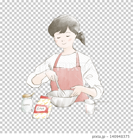 ボウルと泡立て器でお菓子作りをする女性の手描きイラスト ボウルと泡立て器でお菓子作りをする女性の手描きイラスト 140948375