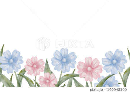 Horizontal watercolor floral border frame with blue and pink daisies flowers on white background with copy space. For romantic banner designs, greeting cards, and nursery prints, invitations Horizontal watercolor floral border frame with blue and pink daisies flowers on white background with copy space. For romantic banner designs, greeting cards, and nursery prints, invitations 140948399