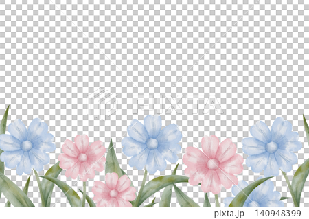 Horizontal watercolor floral border frame with blue and pink daisies flowers on white background with copy space. For romantic banner designs, greeting cards, and nursery prints, invitations Horizontal watercolor floral border frame with blue and pink daisies flowers on white background with copy space. For romantic banner designs, greeting cards, and nursery prints, invitations 140948399