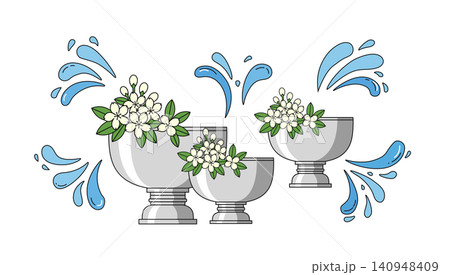 Songkran festival illustration with silver water bowls, jasmine flowers and water splashes 140948409