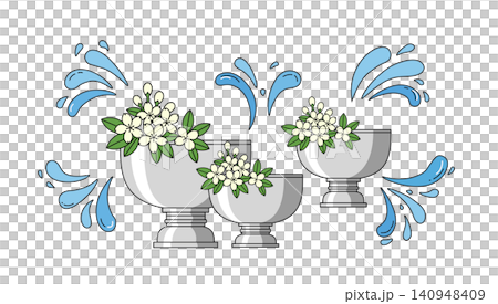 Songkran festival illustration with silver water bowls, jasmine flowers and water splashes 140948409