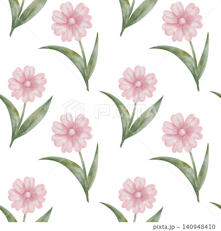 Seamless watercolor feminine pattern with elegant pink flowers with green stems and leaves on white background. For nursery wallpaper, baby apparel and textile designs, botanical backdrop, holiday 140948410