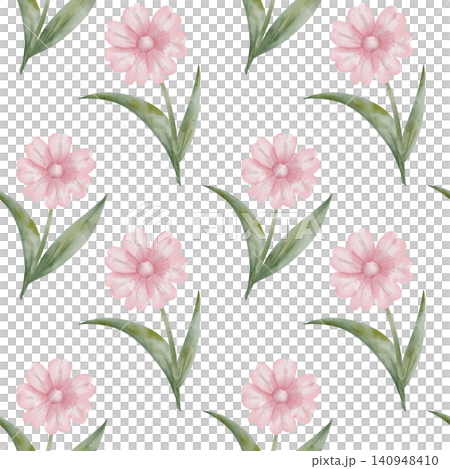Seamless watercolor feminine pattern with elegant pink flowers with green stems and leaves on white background. For nursery wallpaper, baby apparel and textile designs, botanical backdrop, holiday 140948410