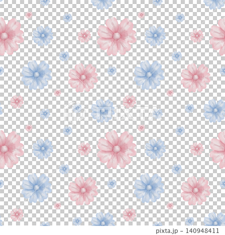 Seamless watercolor pattern with delicate pink and blue daisy flowers, perfect for romantic spring wallpapers, textile prints, and wedding invitations, cosmetics packaging. White background Seamless watercolor pattern with delicate pink and blue daisy flowers, perfect for romantic spring wallpapers, textile prints, and wedding invitations, cosmetics packaging. White background 140948411