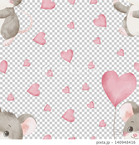 Seamless watercolor pattern with cute mice holding pink heart-shaped balloons, with hearts scattered across the white background. For Valentine's Day, gift, card, textile, child's room 140948416