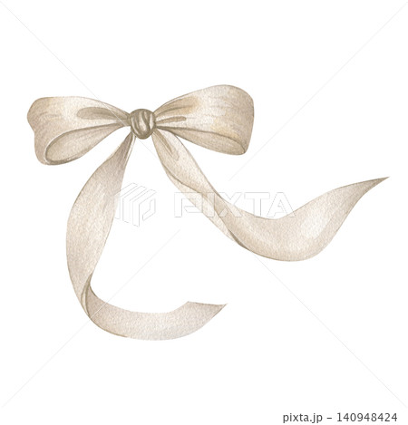 Delicate watercolor beige ribbon bow with flowing tails, elegant hand-painted illustration isolated on white, perfect for wedding invitations and gift wrapping designs. Delicate watercolor beige ribbon bow with flowing tails, elegant hand-painted illustration isolated on white, perfect for wedding invitations and gift wrapping designs. 140948424