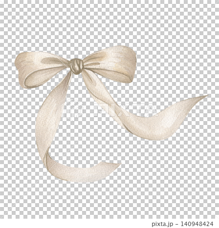 Delicate watercolor beige ribbon bow with flowing tails, elegant hand-painted illustration isolated on white, perfect for wedding invitations and gift wrapping designs. Delicate watercolor beige ribbon bow with flowing tails, elegant hand-painted illustration isolated on white, perfect for wedding invitations and gift wrapping designs. 140948424