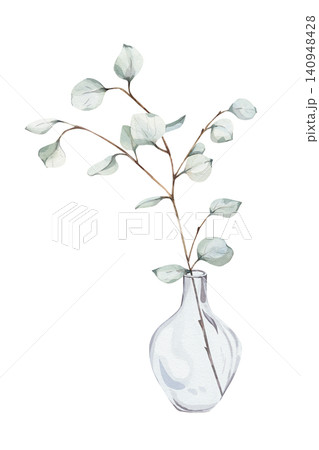 Minimalist watercolor botanical illustration with hand-drawn sage green eucalyptus branches in clear glass vase, isolated on white, for elegant rustic wedding stationery or home decor designs Minimalist watercolor botanical illustration with hand-drawn sage green eucalyptus branches in clear glass vase, isolated on white, for elegant rustic wedding stationery or home decor designs 140948428