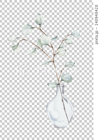 Minimalist watercolor botanical illustration with hand-drawn sage green eucalyptus branches in clear glass vase, isolated on white, for elegant rustic wedding stationery or home decor designs Minimalist watercolor botanical illustration with hand-drawn sage green eucalyptus branches in clear glass vase, isolated on white, for elegant rustic wedding stationery or home decor designs 140948428