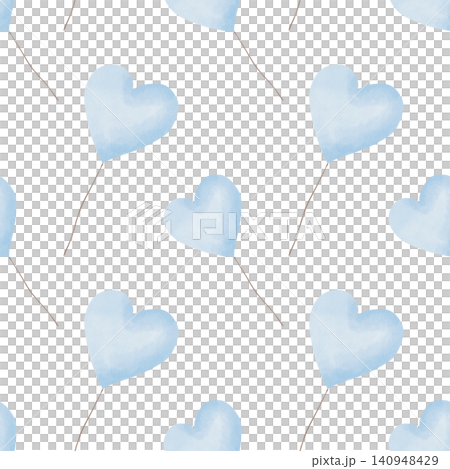 Seamless watercolor pattern with hand-drawn blue heart balloons on white background for gentle nursery wallpaper, baby shower celebrations, textiles, and festive gift wrap, romantic valentine themes 140948429