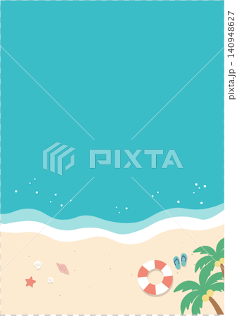 夏のバナー 海の背景イラスト 夏素材 ビーチ、浮き輪、浜辺 ビーチサンダル、タテ 夏のバナー 海の背景イラスト 夏素材 ビーチ、浮き輪、浜辺 ビーチサンダル、タテ 140948627