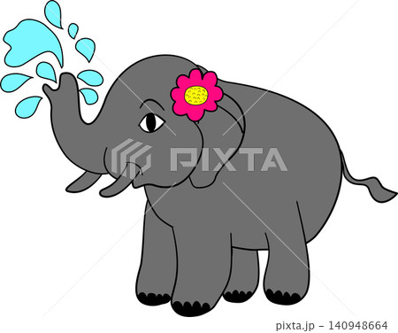 Cute cartoon elephant spraying water with its trunk for Songkran festival 140948664
