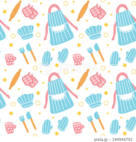 A fun seamless pattern for the kitchen featuring a chef hat, a protective cooking apron, a rolling pin, and various baking utensil tools. A fun seamless pattern for the kitchen featuring a chef hat, a protective cooking apron, a rolling pin, and various baking utensil tools. 140948792