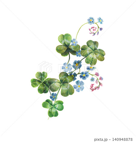 Sprig of four-leaf clover and blue forget-me-not hand drawing watercolor illustration. Isolated botanical element for St. Patrick's Day, Celtic folklore, wedding floral invitations, spring design. Sprig of four-leaf clover and blue forget-me-not hand drawing watercolor illustration. Isolated botanical element for St. Patrick's Day, Celtic folklore, wedding floral invitations, spring design. 140948878