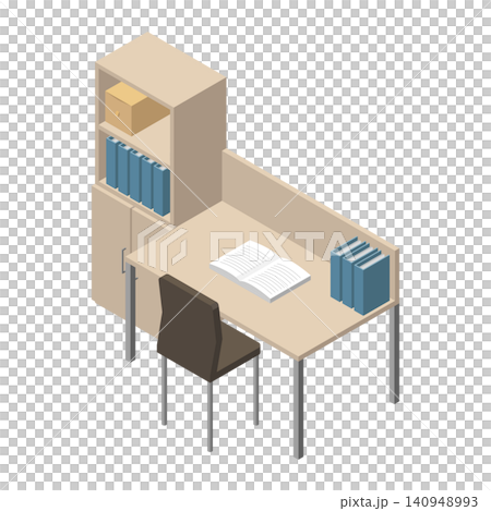 Isometric illustration of a bookshelf, study desk, and chair. Isometric illustration of a bookshelf, study desk, and chair. 140948993