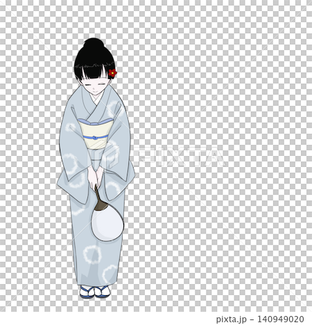 身穿和服的女子手持扇子鞠躬-夏季客服形象。 身穿和服的女子手持扇子鞠躬-夏季客服形象。 140949020
