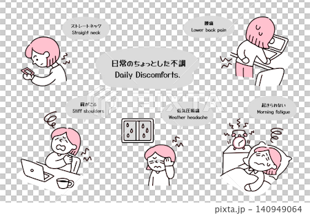 日常のちょっとした不調に苦しむ女性のイラストセット 日常のちょっとした不調に苦しむ女性のイラストセット 140949064