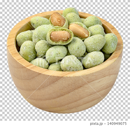 Wasabi coated peanuts in a wooden bowl isolated. Crunchy spicy green snack with roasted nut inside. Popular Japanese style appetizer and bar food. Professional studio shot. 140949075