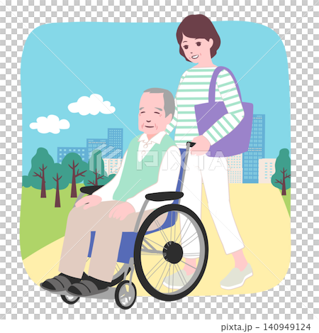 【人生階段】一位女士推著坐在輪椅上的老人在公園裡散步的插圖。 【人生階段】一位女士推著坐在輪椅上的老人在公園裡散步的插圖。 140949124