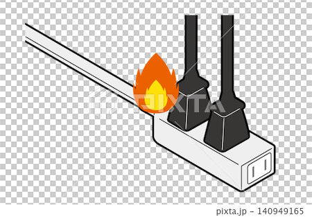等距圖顯示,插入延長線的電源插頭處燃起火焰。 等距圖顯示,插入延長線的電源插頭處燃起火焰。 140949165
