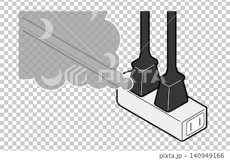 An isometric illustration showing smoke coming from a power plug inserted into an extension cord. 140949166