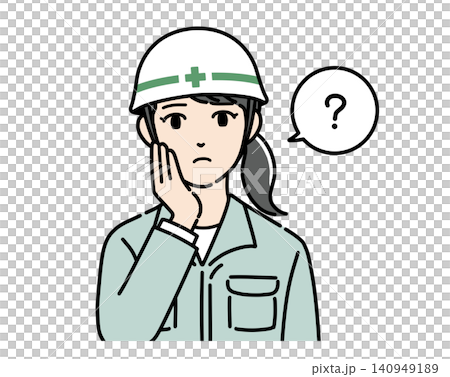 An illustration of a young woman wearing a white helmet and work clothes, looking puzzled. 140949189