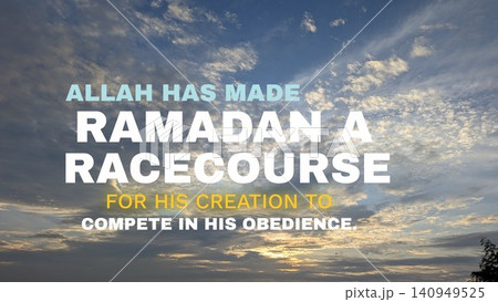 Bright sunlight breaks through a vast field of scattered white clouds. Bold typography presents an inspirational Islamic message about the month of Ramadan. This visual focuses on spiritual growth, Bright sunlight breaks through a vast field of scattered white clouds. Bold typography presents an inspirational Islamic message about the month of Ramadan. This visual focuses on spiritual growth, 140949525
