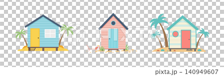 Pastel Beach Huts with Palm Trees and Sand. Summer Vector Illustration on White 140949607