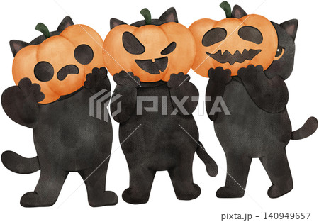 Sassy Halloween Preppy Three Black Cats Holding Pumpkin Masks in Coquette style Cute Spooky Watercolor Clipart 140949657