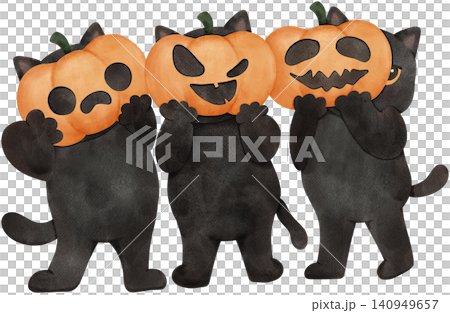 Sassy Halloween Preppy Three Black Cats Holding Pumpkin Masks in Coquette style Cute Spooky Watercolor Clipart 140949657