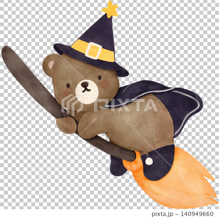 Sassy Halloween Preppy Wizard Bear Riding Magic Broomstick in Coquette style Cute Spooky Watercolor Clipart Sassy Halloween Preppy Wizard Bear Riding Magic Broomstick in Coquette style Cute Spooky Watercolor Clipart 140949660