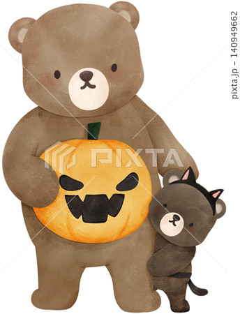 Sassy Halloween Preppy Mama and baby bear in blackcat costume holding pumpkin in Coquette style Cute Spooky Watercolor Clipart Sassy Halloween Preppy Mama and baby bear in blackcat costume holding pumpkin in Coquette style Cute Spooky Watercolor Clipart 140949662