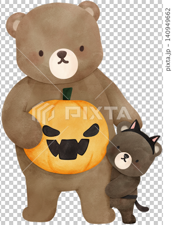 Sassy Halloween Preppy Mama and baby bear in blackcat costume holding pumpkin in Coquette style Cute Spooky Watercolor Clipart Sassy Halloween Preppy Mama and baby bear in blackcat costume holding pumpkin in Coquette style Cute Spooky Watercolor Clipart 140949662