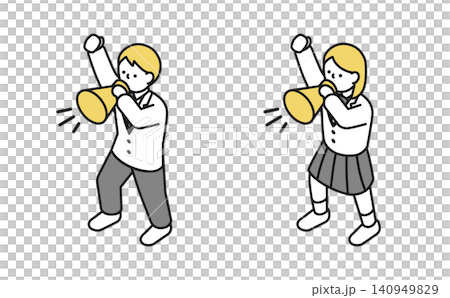 アイソメトリックイラスト：メガホンで叫ぶ高校生男女(冬服 前) 140949829