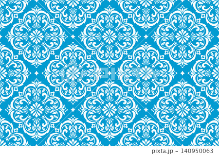 Wallpaper in the style of Baroque. White and blue floral ornament. Seamless vector background. Graphic pattern for fabric, wallpaper, packaging. Ornate Damask flower illustration Wallpaper in the style of Baroque. White and blue floral ornament. Seamless vector background. Graphic pattern for fabric, wallpaper, packaging. Ornate Damask flower illustration 140950063