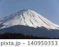 広い青空の下で三峰型山頂で長辺三角形の安定した形でどっしりとそびえたつ純白に冠雪した富士山 140950353