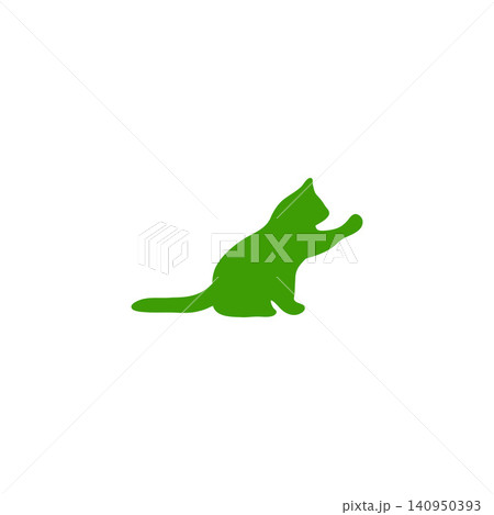 座って手を伸ばす緑色の猫のシルエットイラスト・シンプル・透過PNG 140950393