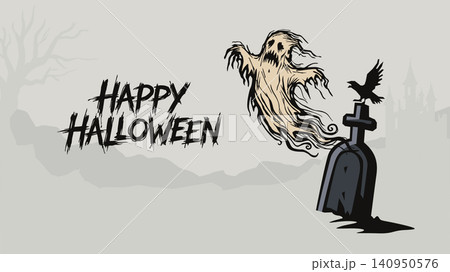 Happy Halloween calligraphy with the cowardly ghost chased out of it's own grave by a crow have silhouette haunted mansion and dead tree background Happy Halloween calligraphy with the cowardly ghost chased out of it's own grave by a crow have silhouette haunted mansion and dead tree background 140950576