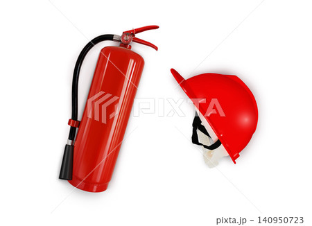 A red fire extinguisher and a red helmet against a white background. Top view. A red fire extinguisher and a red helmet against a white background. Top view. 140950723